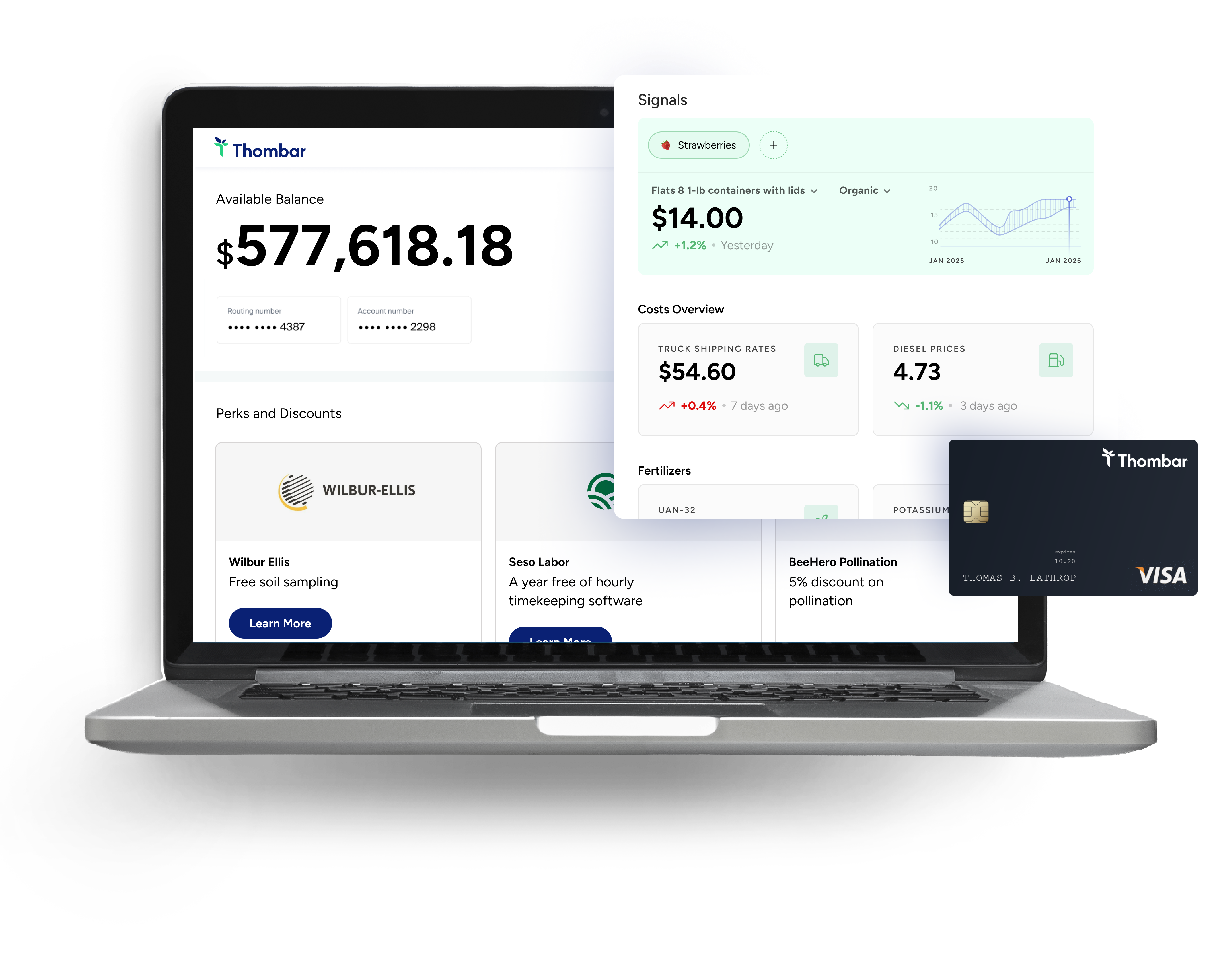 Thombar financial platform showing banking dashboard, Signals market data, and grower perks